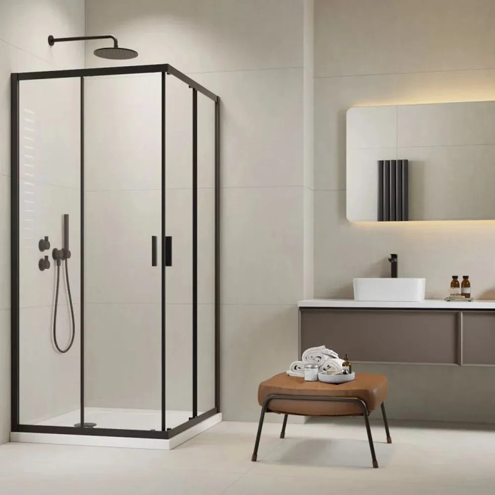 Pachet cabina de dus Alienta Black C 90x90 cm, cadita pentru dus Rodos C Compact alb si sifon cadita negru