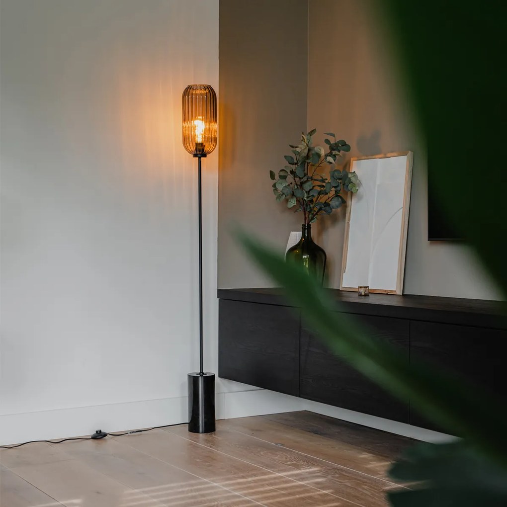 Lampa de podea Art Deco neagră cu sticlă fumurie - Rid