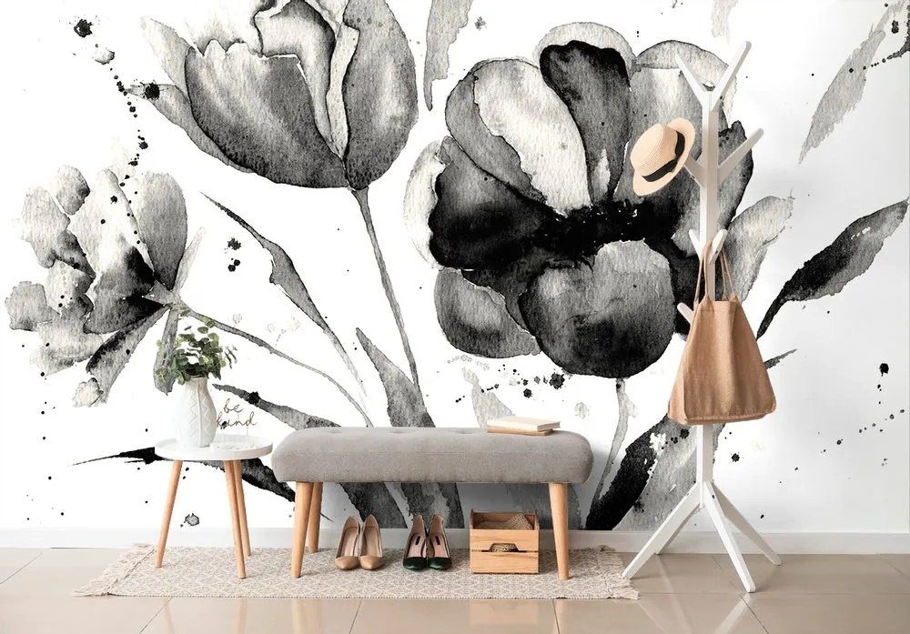 Tapet lalele în design interesant în alb-negru