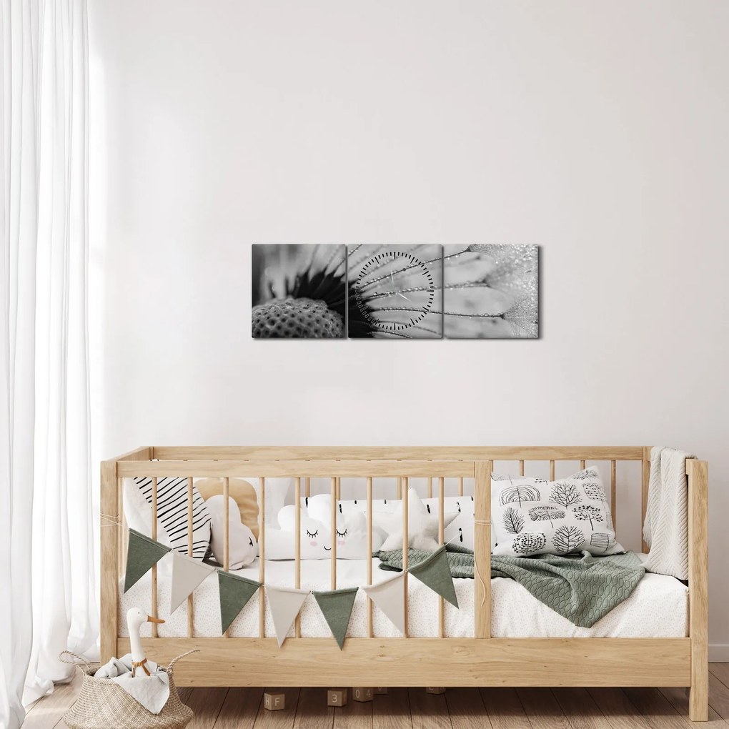 Tablou cu păpădie - albnegru (cu ceas) (90x30 cm)