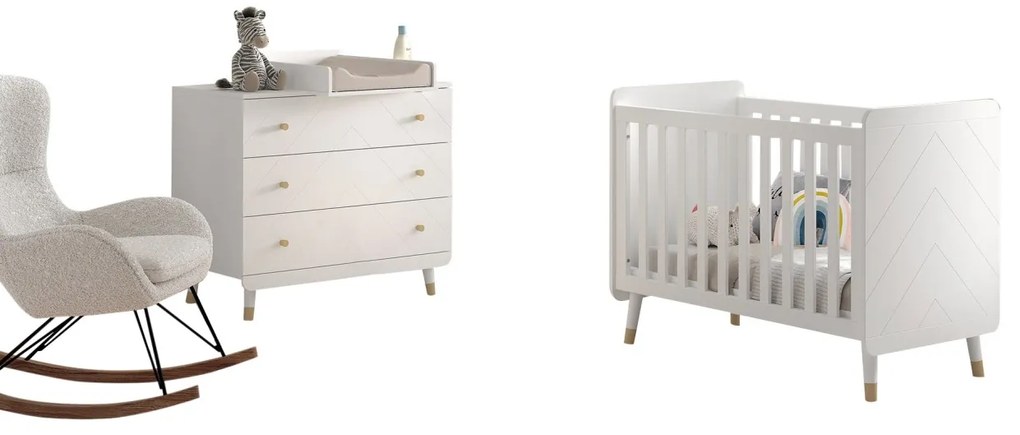 Set Pătuț, Comodă și Masă de Înfășat pentru Bebeluși, 3 Piese, Alb Satinat (MDF) – Billy – Vipack
