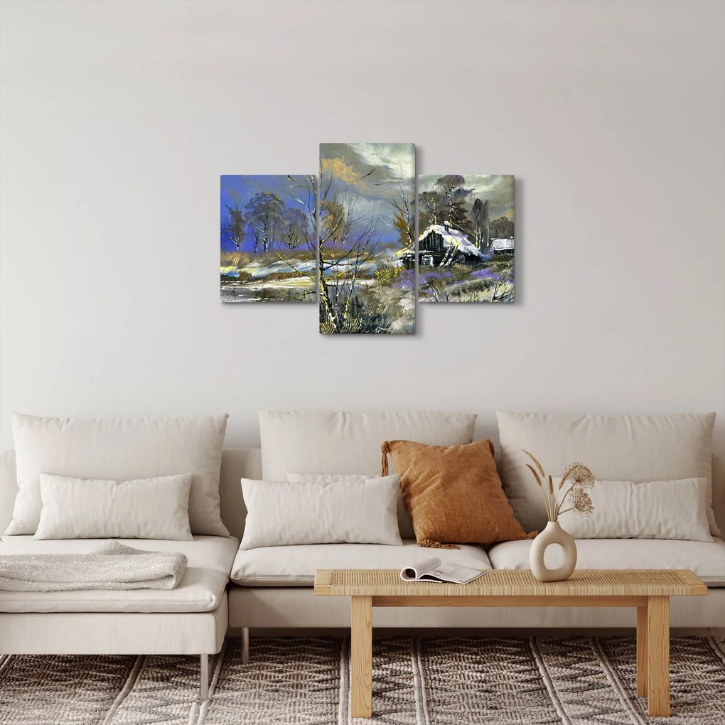 Tablou -Cabane într-un peisaj de iarnă, pictură în ulei (90x60 cm)
