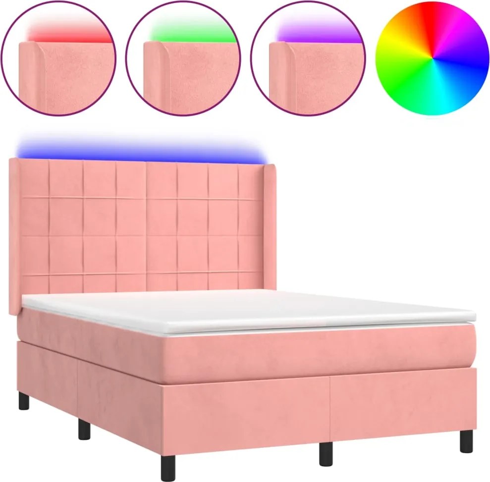 vidaXL Pat cu arcuri, cu saltea și LED, roz, 140x190 cm catifea