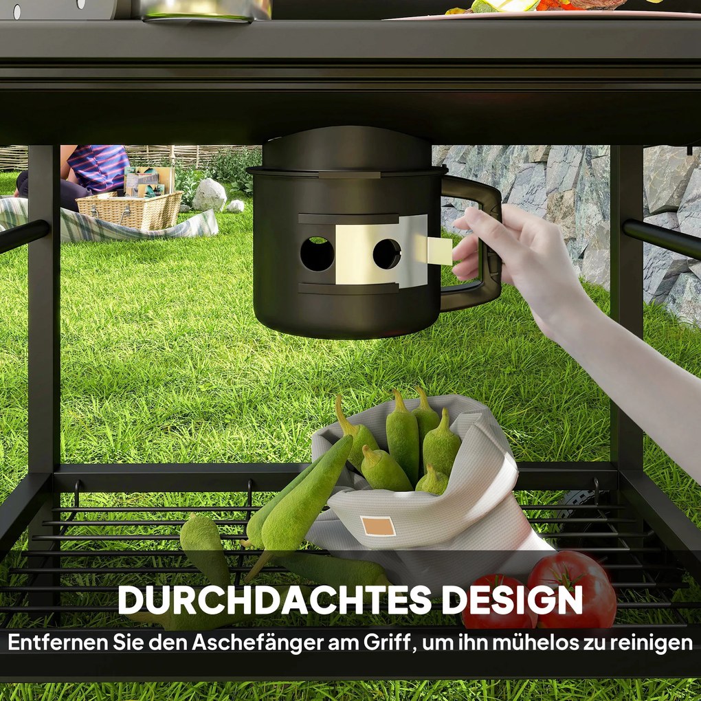 Outsunny Grătar pe cărbuni din oțel BBQ Smoker cu capac mânere termometru roți mobil 114 x 65 x 95 cm | Aosom Romania