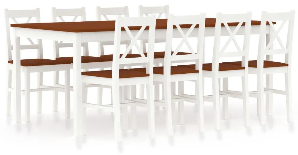 283390 vidaXL Set mobilier de bucătărie, 9 piese, alb și maro, lemn de pin