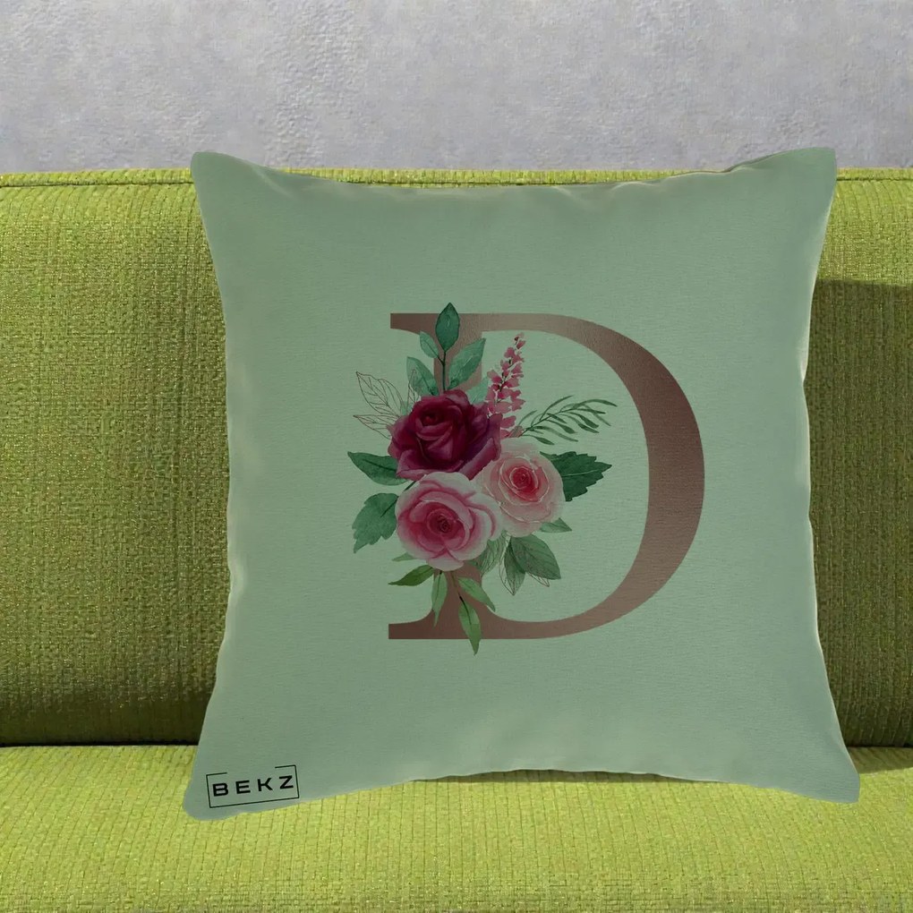 Cadou Personalizat - Perna Personalizata Monograma Rose Gold Litera D, 40x40 cm, Verde, Husa Detasabila, Perna Inclusa, BEKZ®