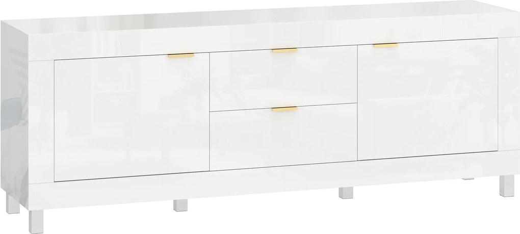 HOMCOM Dulap TV pentru televizoare de până la 190,5 cm, centru de entertainment modern cu 2 dulapuri și 2 sertare, Alb lucios | Aosom Romania