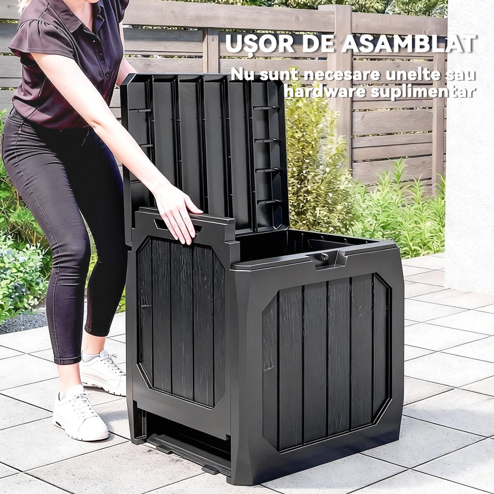 Outsunny Ladă de Grădină 121L din Plastic, Cutie de Depozitare pentru Exterior cu Mânere, Impermeabilă și cu Încuiere, 56x45x53 cm, Negru | Aosom Romania