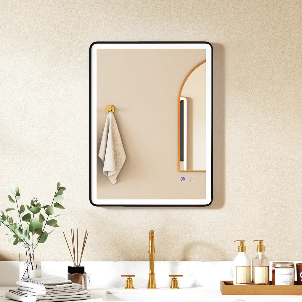 HOMCOM Oglindă baie LED Anti-aburire Oglindă machiaj dimabilă cu iluminare 80 x 60 cm Ramă neagră | Aosom Romania