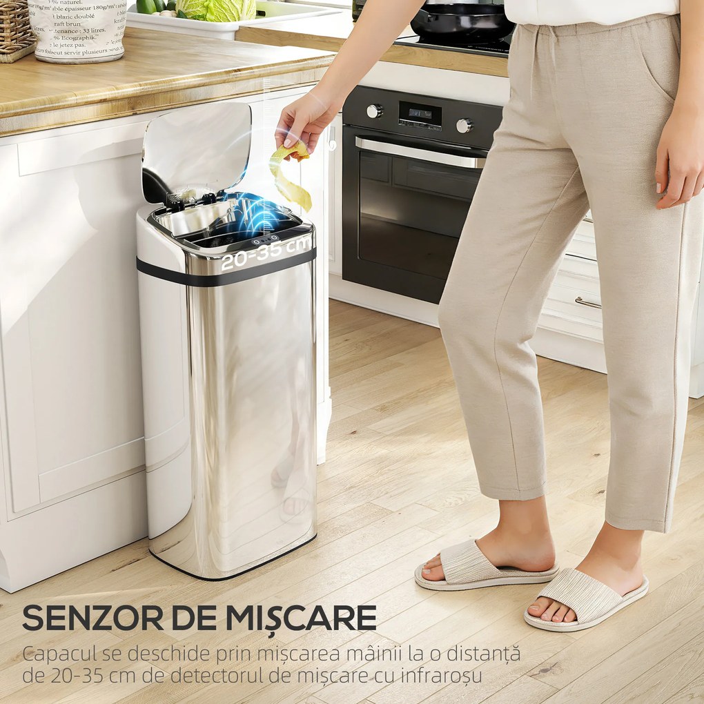 HOMCOM Cos de gunoi cu senzor 50L inox elegant | Aosom Romania
