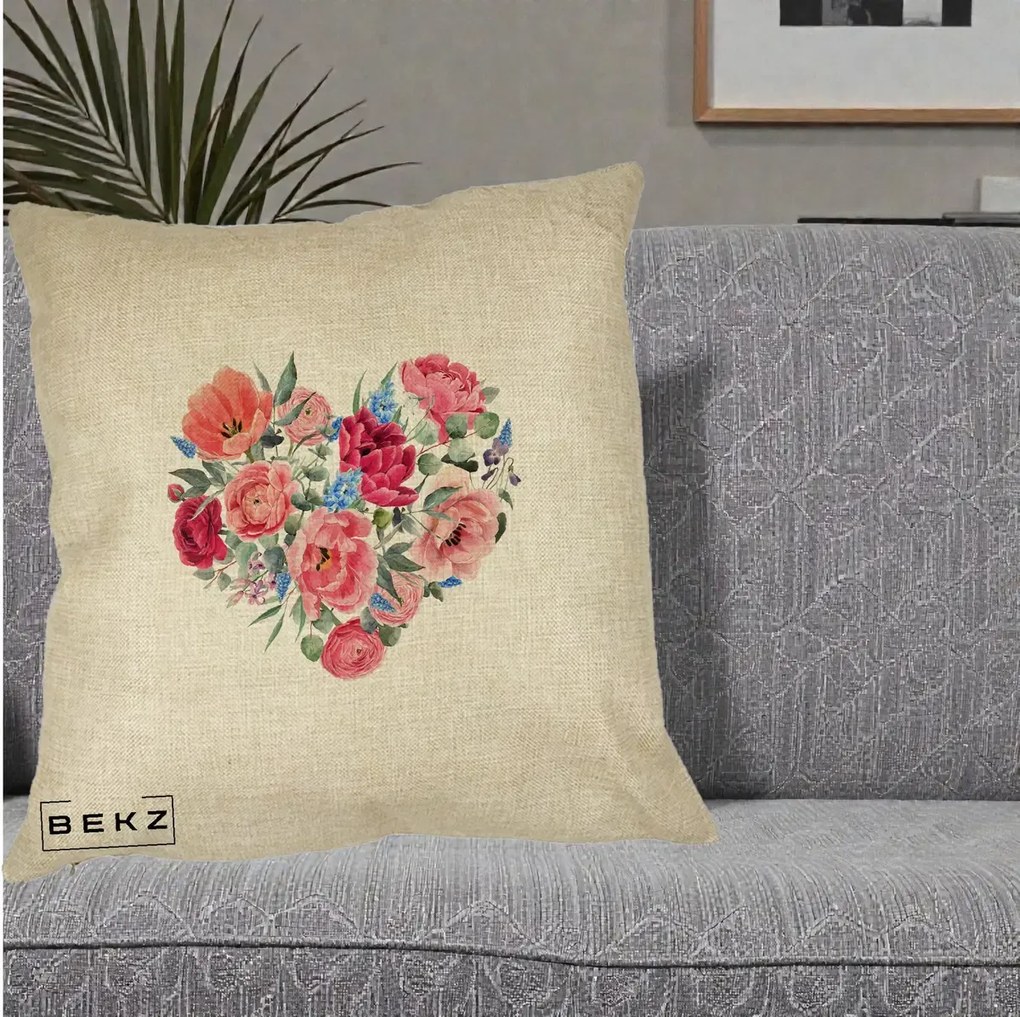 Perna Decorativa Inima din Bujori Acuarela, 40x40 cm, Crem, Husa Detasabila, Perna Inclusa, BEKZ®