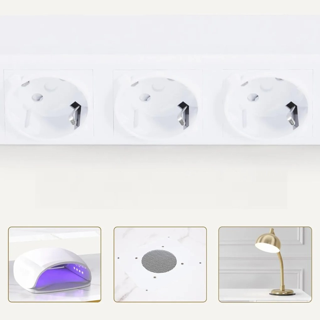 MANIAU201 - Masuta manichiura, 112 cm, cu aspirator incorporat, masa cosmetica - Alb - Imitatie de marmura - Auriu