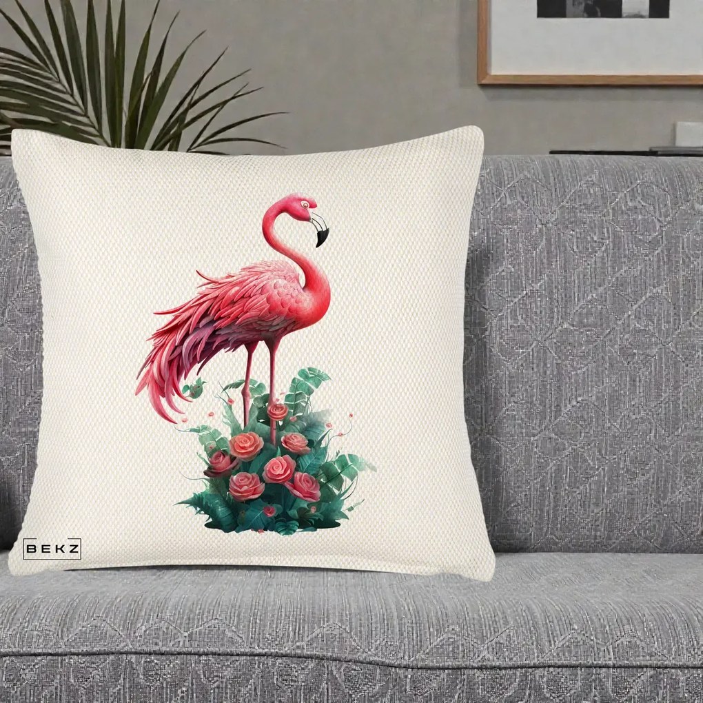 Perna Decorativa Flamingo cu Trandafiri Tropicali, 40x40 cm, Crem Reliefat, Husa Detasabila, Perna Inclusa, BEKZ®