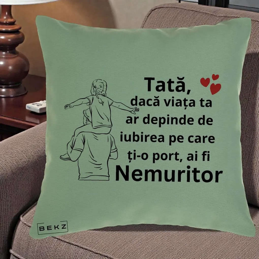 Cadou pentru Tata - Perna Personalizata Tata Supererou Nemuritor, 40x40 cm, Verde, Husa Detasabila, Perna Inclusa, BEKZ®