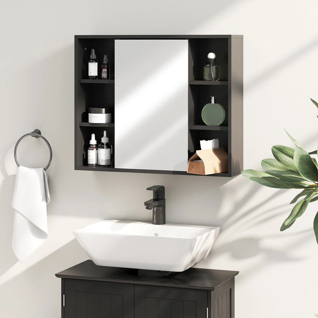 HOMCOM Mobilier baie cu oglindă, dulap cu uși și 6 compartimente deschise, 60 x 14,5 x 49,4 cm, negru | Aosom Romania