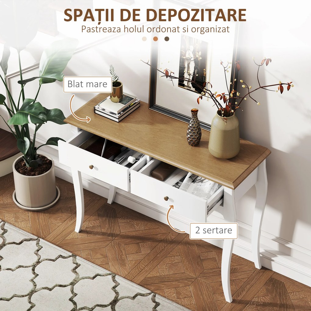 HOMCOM Masă Consolă Modernă cu 2 Sertare, Consolă de Intrare din MDF și PAL, 100x35x76,5 cm, Alb | Aosom Romania