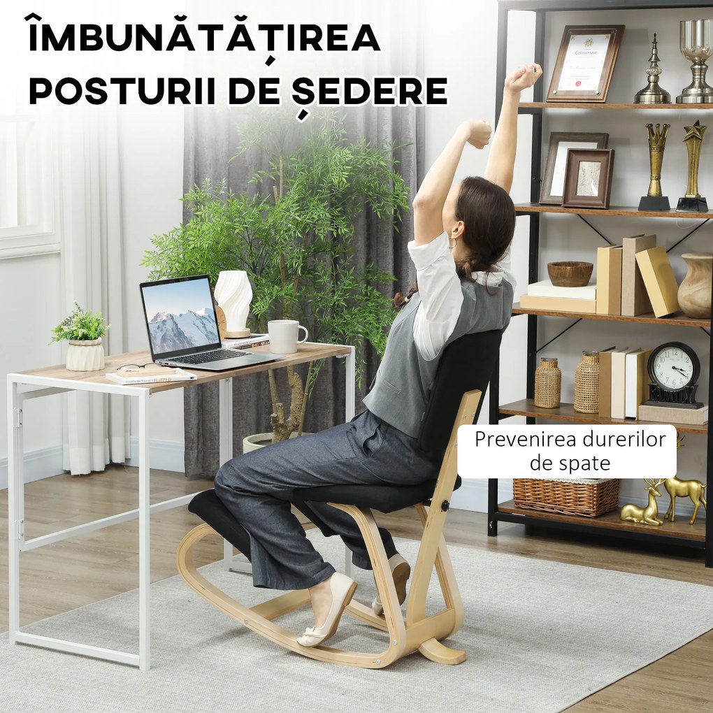 HOMCOM Scaun Ergonomic pentru Genunchi din Țesătură cu Aspect de In și Lemn de Mesteacăn, Negru | Aosom Romania