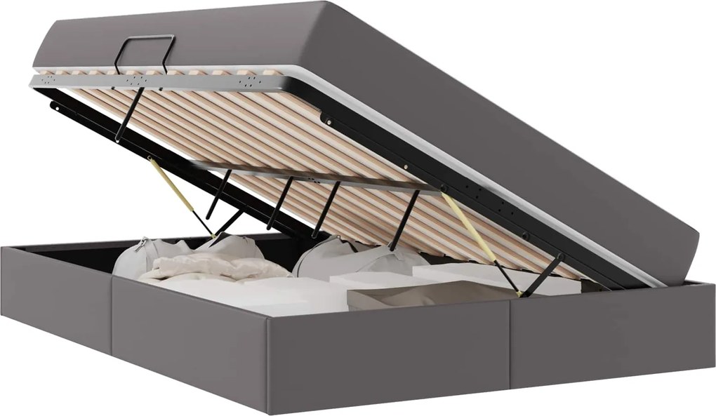 vidaXL Pat cu saltea și spațiu de depozitare cu saltea 2 pcs Gri Piele