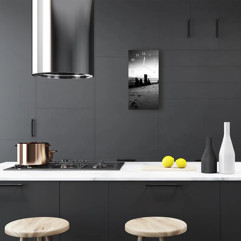 Ceas de perete din sticla vertical Top plaja peisaje alb-negru