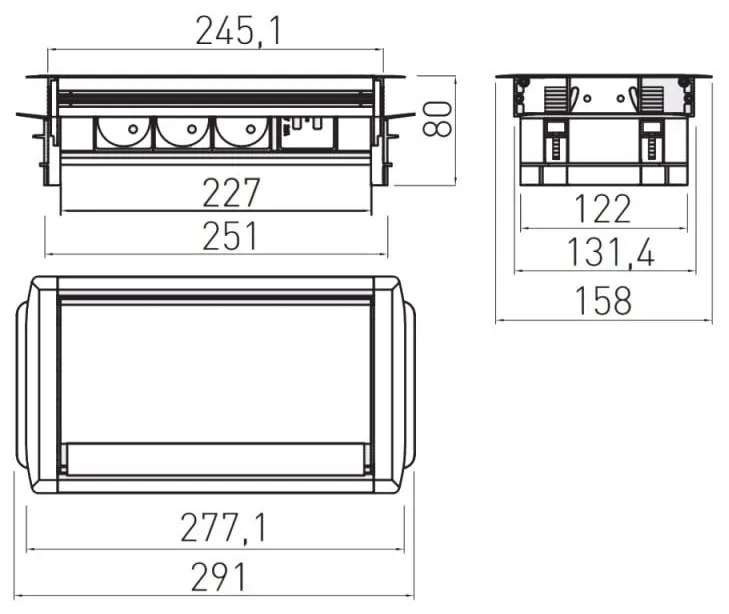 Priza incastrabila dreptunghiulara cu perii, 3 prize schuko + 2 USB 5V 2.1A, cablu 1.5m, aluminiu, GTV
