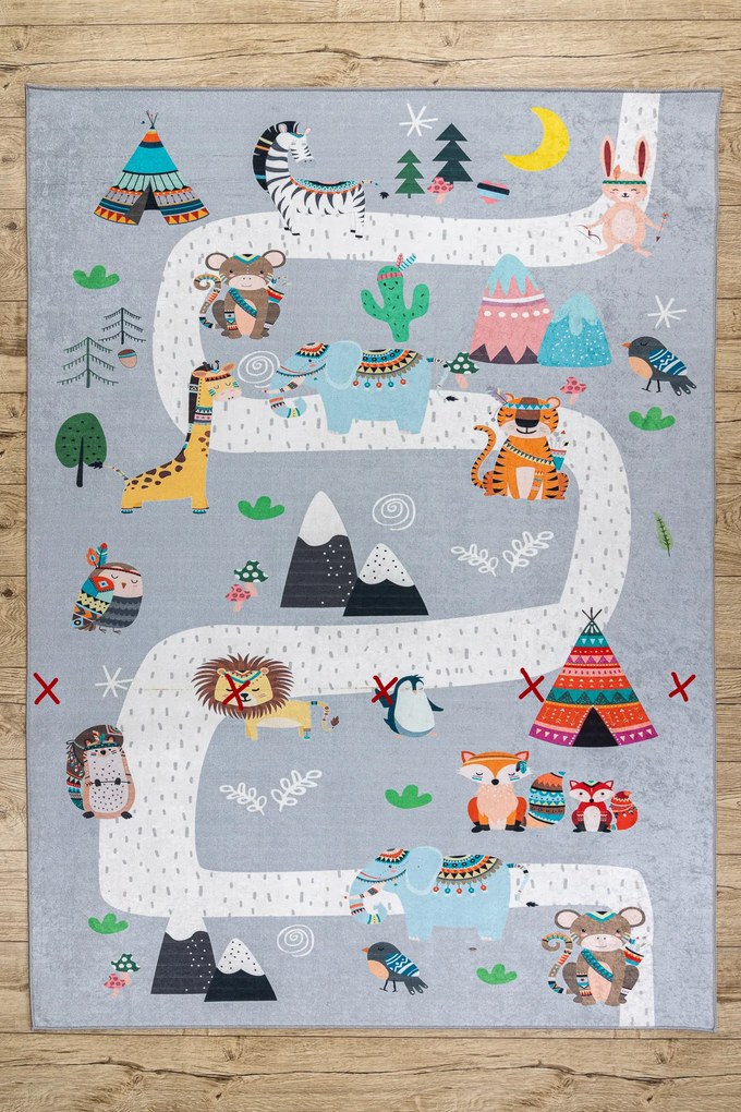 BAMBINO 2160 covor lavabil Sat indian, animale pentru copii anti-alunecare gri - SECUNDAR-COTATI PRODUSUL