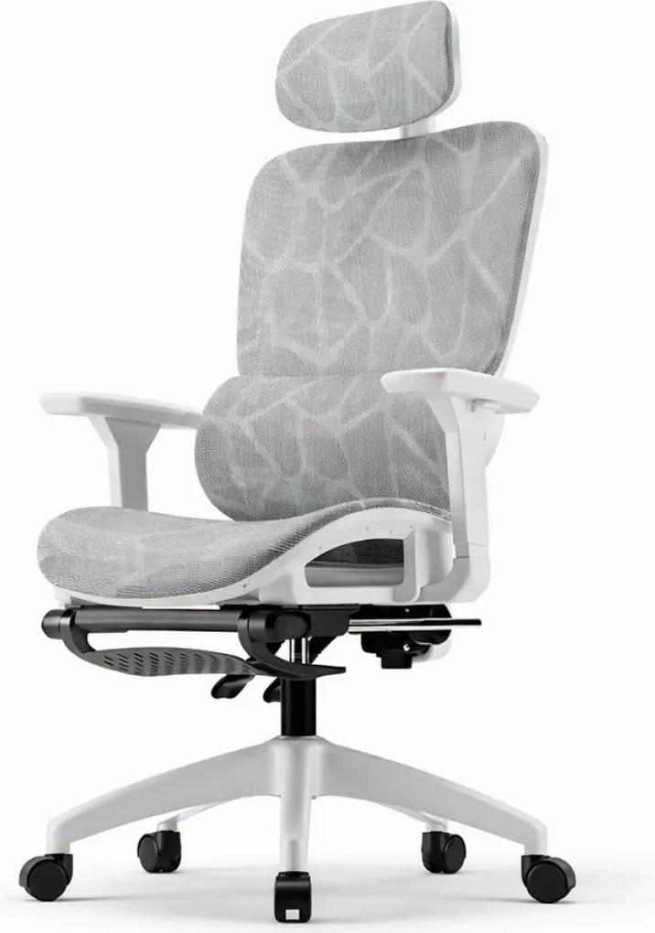Scaun ergonomic, suport lombar dinamic, tetieră 3D, cotiere 3D, umeras, suport picioare, pivotant, Mesh, Alb/Gri
