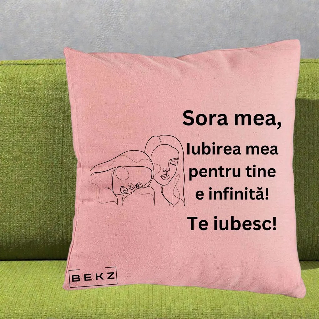 Cadou pentru Sora - Perna Personalizata Sora Mea Te Iubesc Line Art Portrete Fata in Fata, 40x40 cm, Roz, Husa Detasabila, Perna Inclusa, BEKZ®