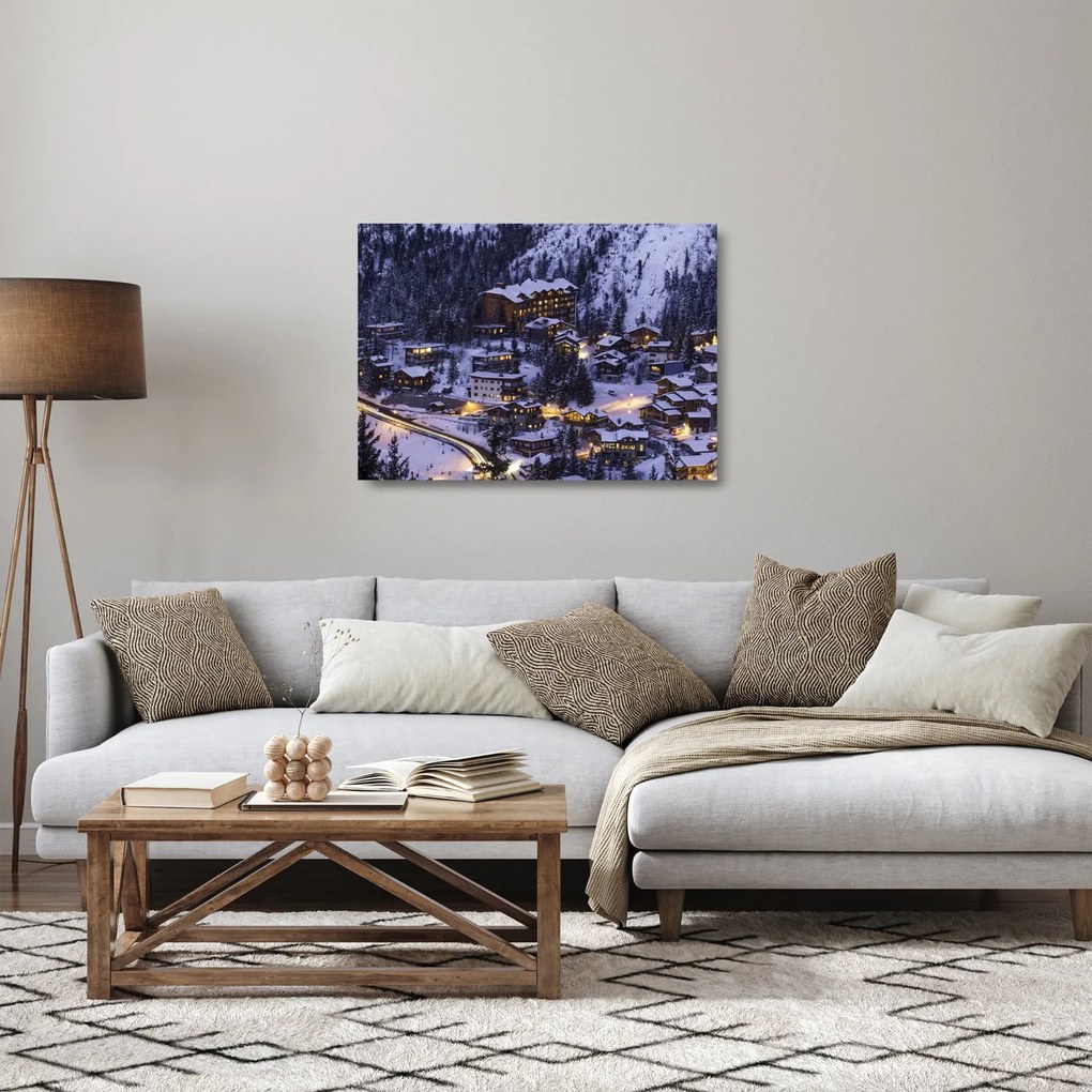 Tablou pe sticlă - orășelul montan iarna (70x50 cm)