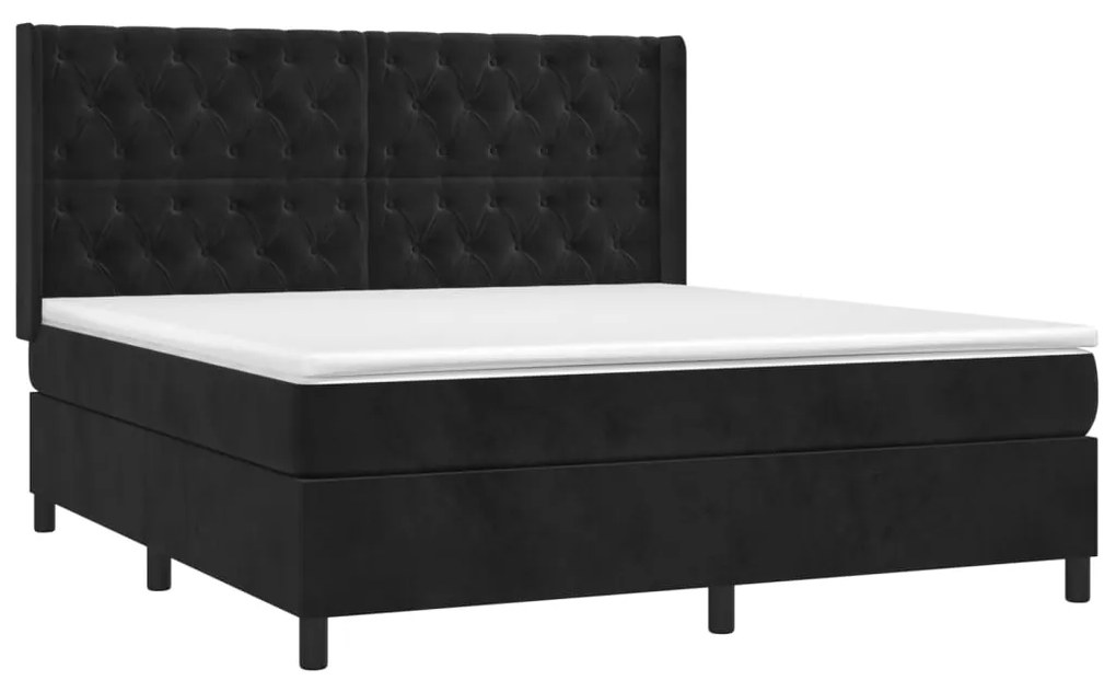 Pat box spring cu saltea, negru, 160x200 cm, catifea Negru, 160 x 200 cm, Design cu nasturi