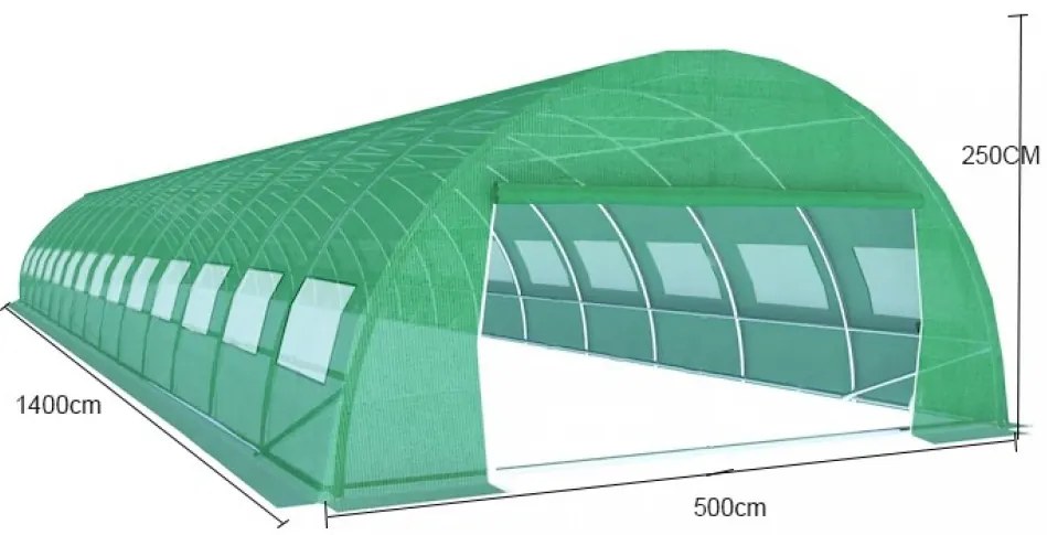 Solar de grădină, 5x14 m, 70 m², cadru din oțel, țeavă galvanizată, folie PE armată, 24 ferestre rulante, rezistent la UV, impermeabil, Verde, GH514,