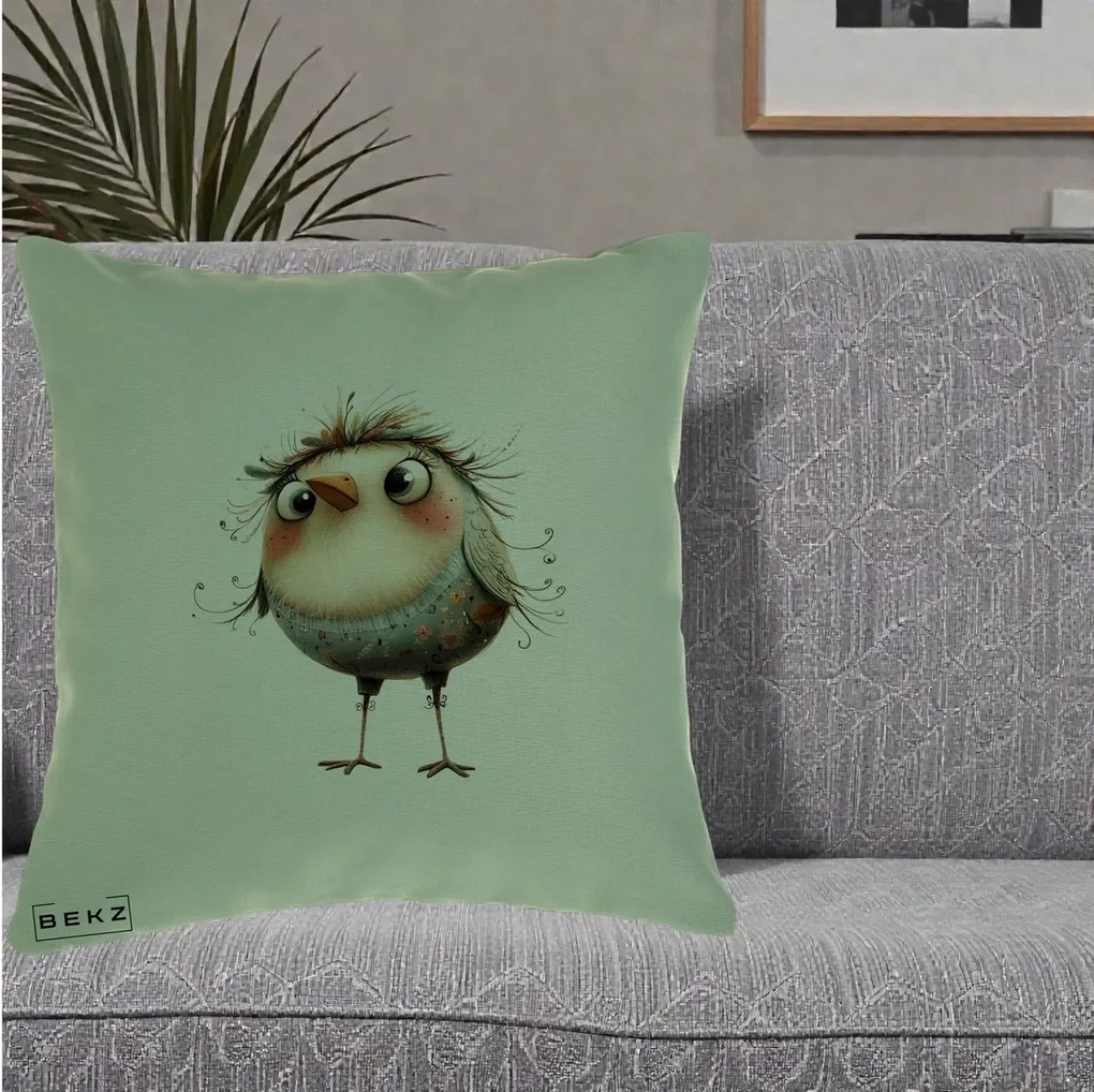 Perna Decorativa Pasare cu Penaj Zbarlit si Gene, 40x40 cm, Verde, Husa Detasabila, Perna Inclusa, BEKZ®