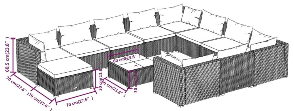 Set mobilier de gradina cu perne, 12 piese, maro, poliratan maro si verde, 4x colt + 6x mijloc + suport pentru picioare + masa, 1