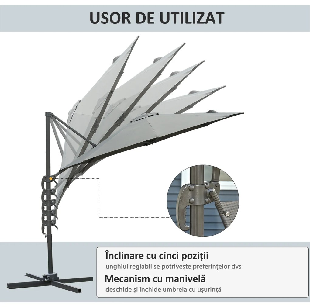Outsunny Umbrel de Gradină cu Manivelă cu Înclinare Reglabilă, Umbrelă cu Braț și Stinghii, Ø2.95x2.5 m, Gri | Aosom Romania