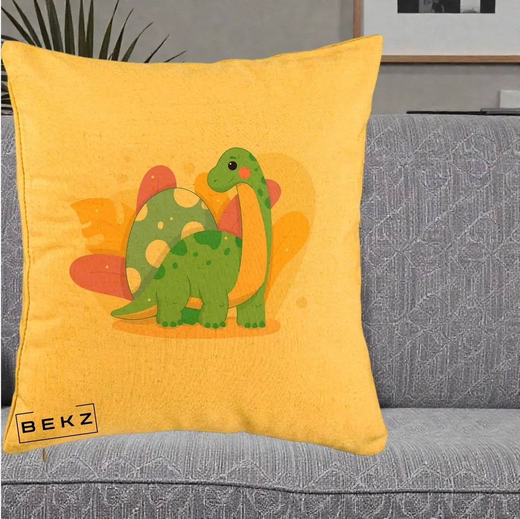 Perna Personalizata Dinozaur cu Ou Pastelat, 40x40 cm, Galben, Husa Detasabila, Perna Inclusa, BEKZ®