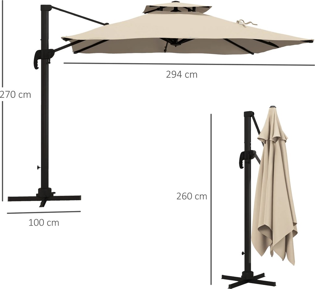 Outsunny Umbrelă de Soare cu Braț Înclinat în 6 Poziții cu Acoperiș pe 2 Niveluri, Umbrelă de Grădină din aluminiu și poliester, 294x294 cm, kaki | Aosom Romania