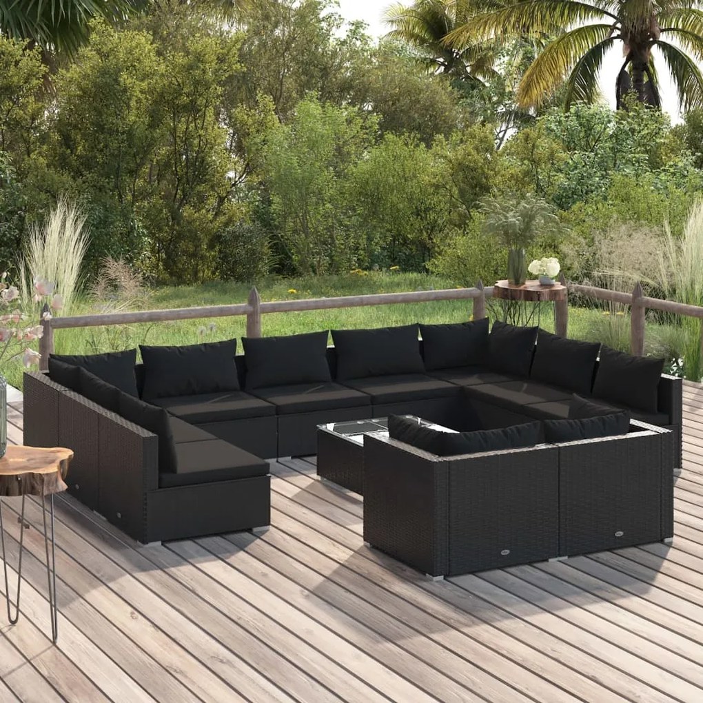 3102080 vidaXL Set mobilier de grădină cu perne, 12 piese, negru, poliratan
