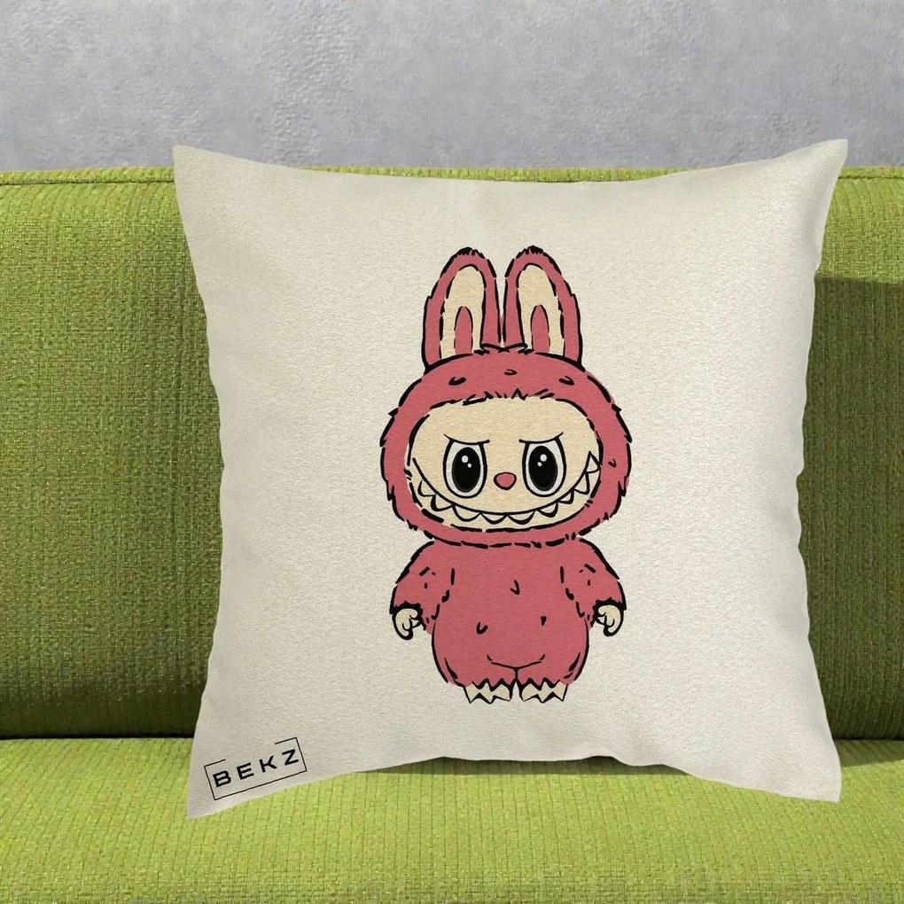Perna Personalizata Labubu Roz Solo, 40x40 cm, Ecru, Husa Detasabila, Perna Inclusa, BEKZ®