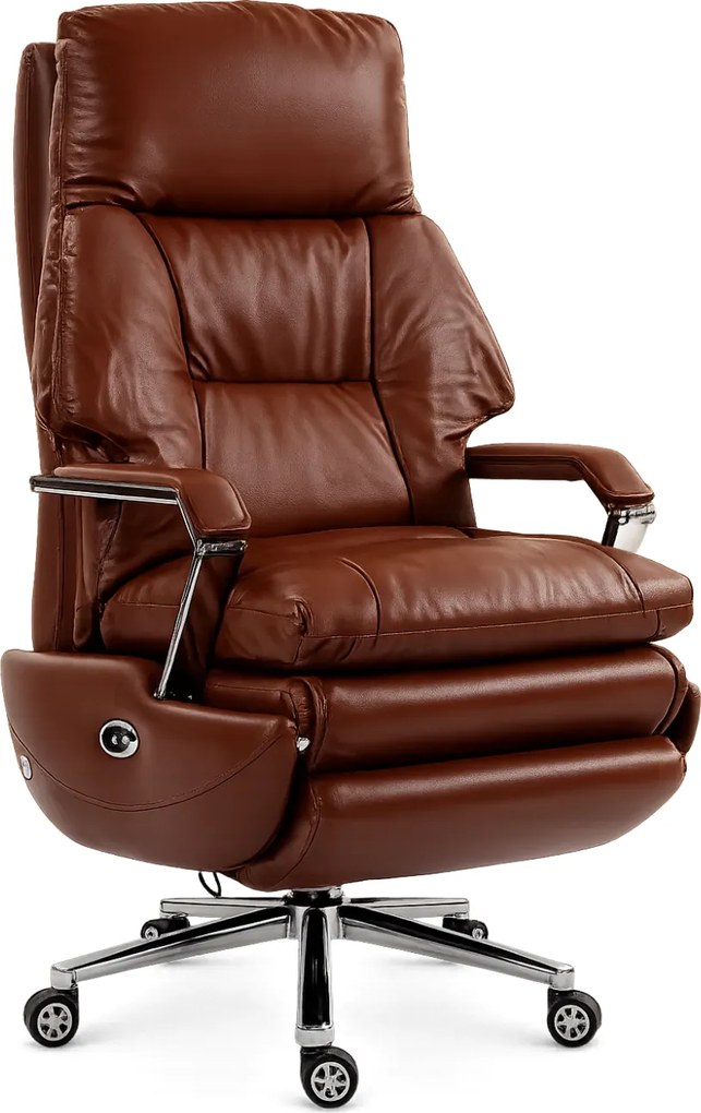 ELITE RECLINER SC1– Scaun Executiv Premium din Piele Naturală, Reclinabil electric, 2 Motoare, Suport pentru Picioare, Maro Inchis
