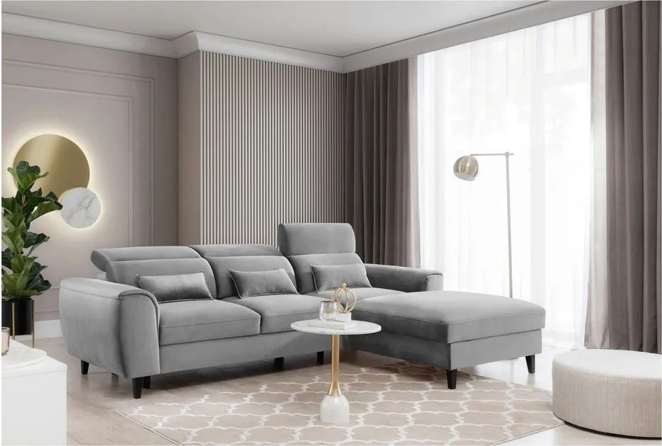 Colțar gri extensibil/cu spațiu de depozitare cu tapițerie din catifea (cu colț pe partea dreaptă/cu șezlong) Foble – ELTAP