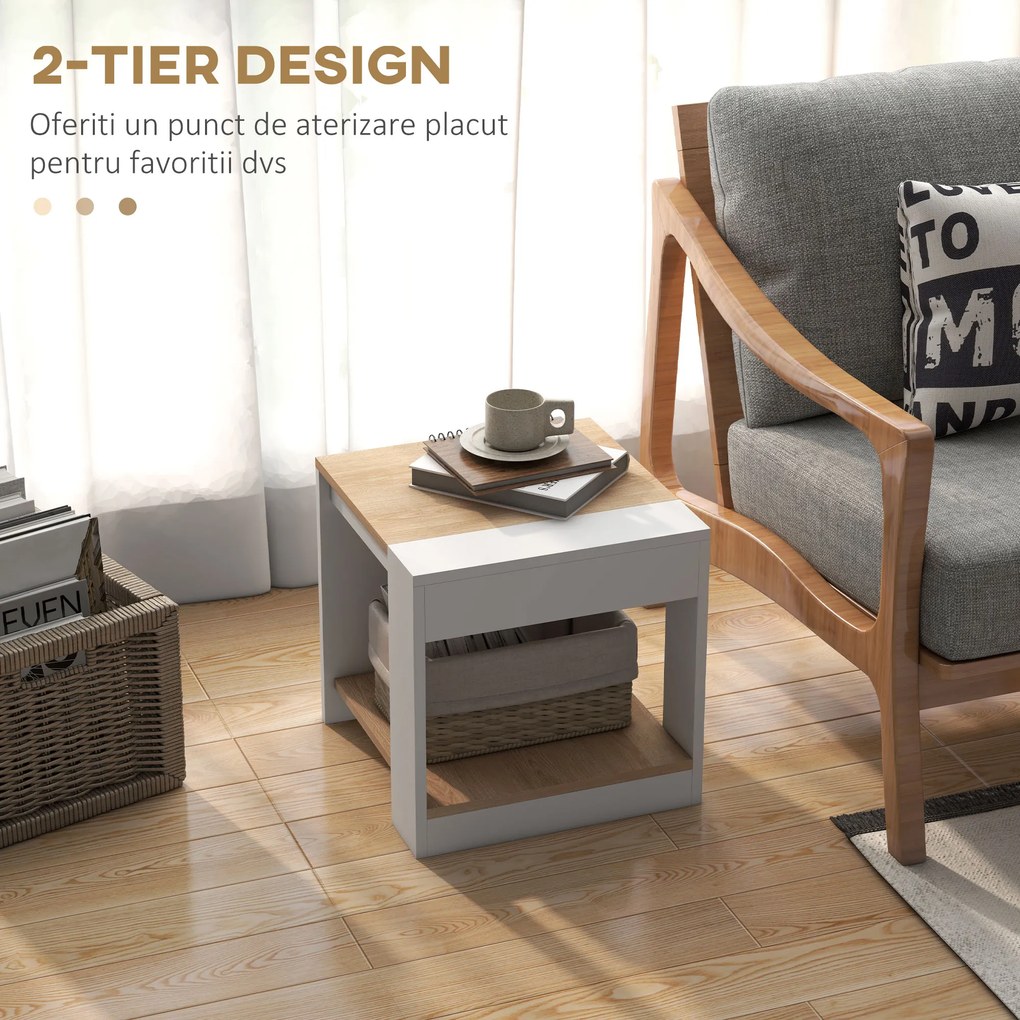 Set de 2 Masute pentru Living cu Design pe Doua Niveluri din PAL, 40x40x45cm, Alb si Stejar HOMCOM | Aosom Romania
