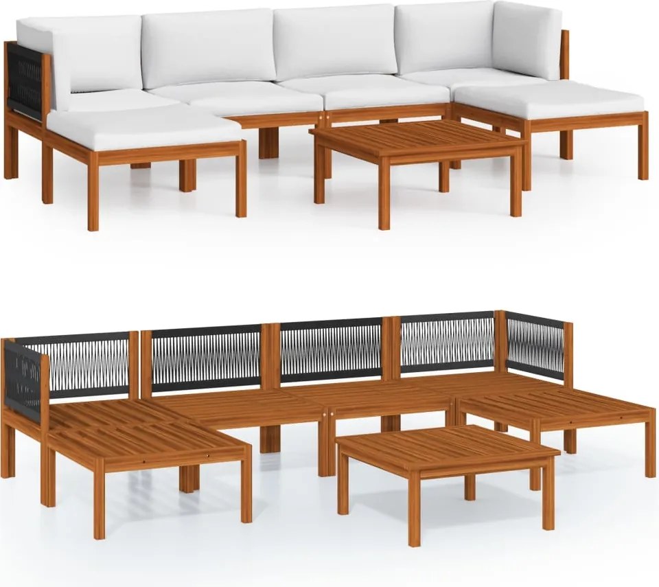 vidaXL Set fotoliu de grădină cu 7 piese, perne, lemn crem, acacia și frânghie