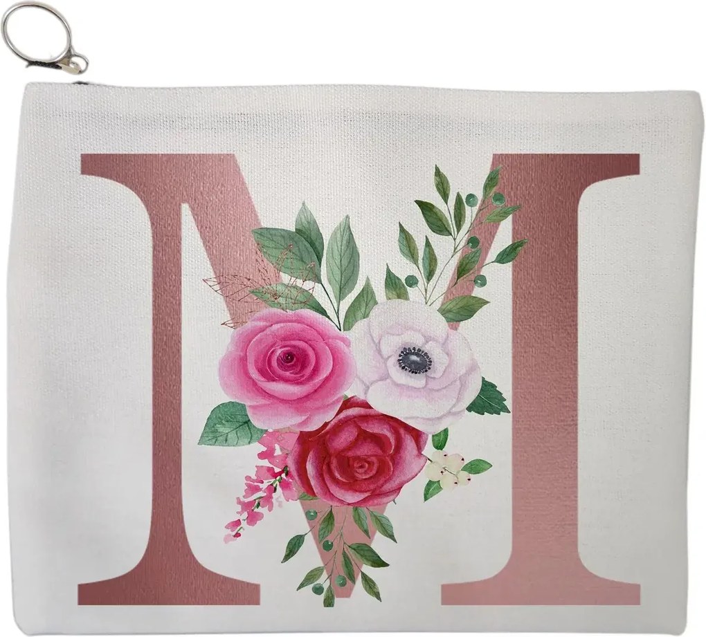 Portfard Cosmetice tip Plic, Cu litera M Rose Gold si Trandafiri, 23x18 cm, Alb, BEKZ®