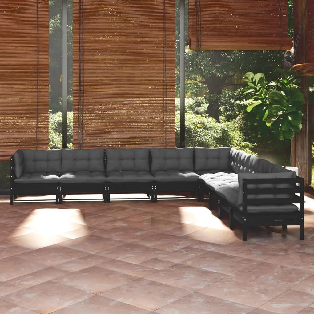 3096819 vidaXL Set mobilier grădină cu perne, 9 piese, negru, lemn masiv pin