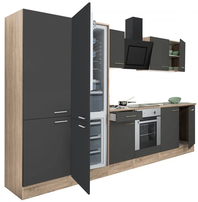 Mobilă de bucătărie Yorki 330, corp din stejar sonoma, față antracit satinat cu element cuptor inferior, dulap cu rafturi și frigider congelator inferior