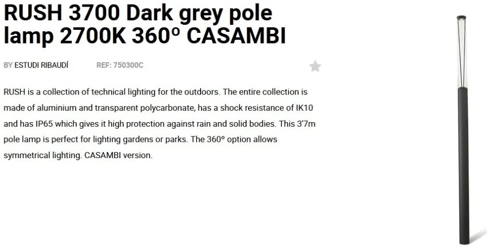 Stalp LED iluminat exterior simetric 360º IP65 RUSH 370cm 2700K CASAMBI