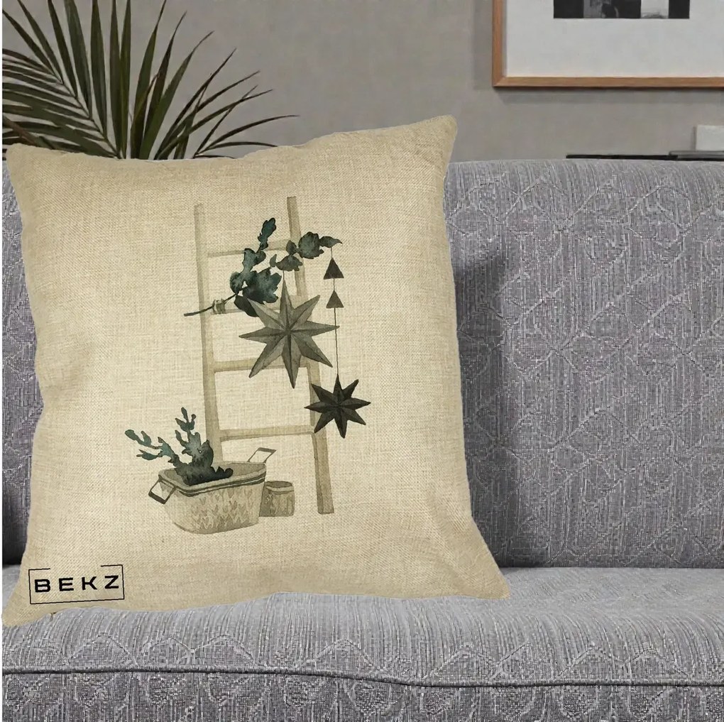 Perna Decorativa Scara Scandinavica cu Stele, 40x40 cm, Crem, Husa Detasabila, Perna Inclusa, BEKZ®