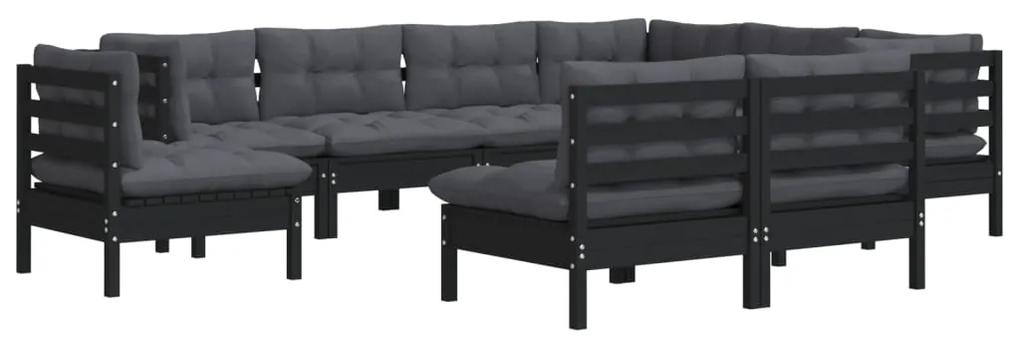 Set mobilier gradina cu perne, 9 piese, negru, lemn masiv pin Negru, 9