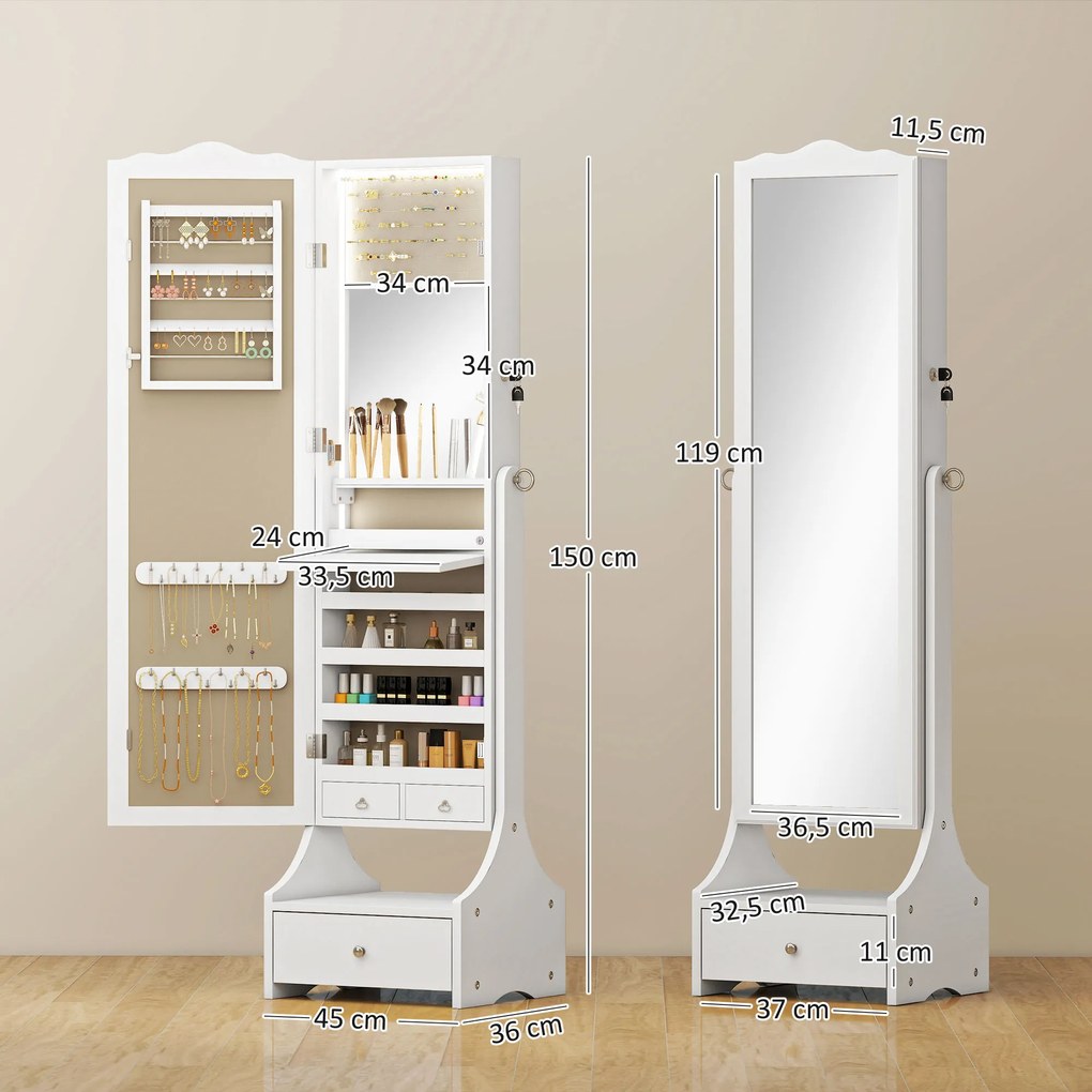 HOMCOM Oglindă pentru bijuterii cu iluminare LED Dulap bijuterii cu oglindă reglabilă pe 4 unghiuri Sertare Etajeră interioară pliabilă Alb | Aosom Romania