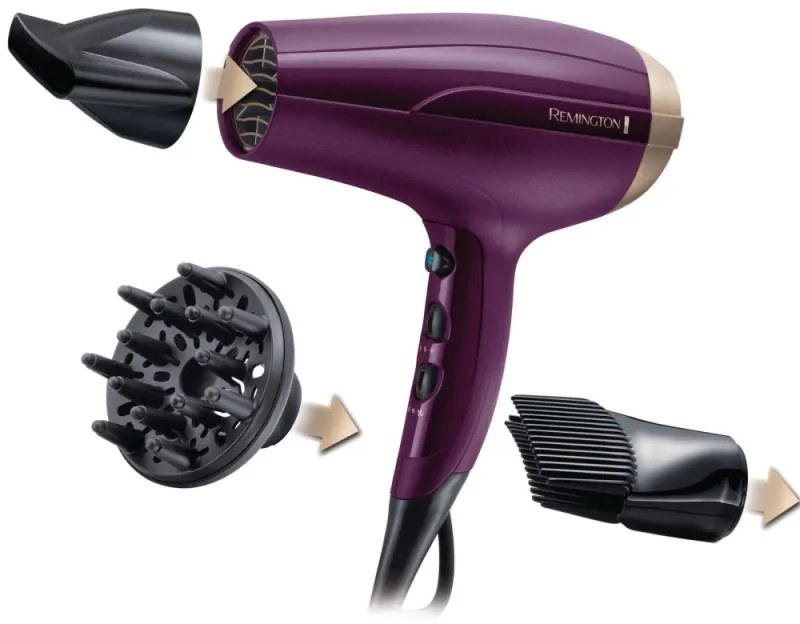 Uscator de par Remington Your Style D5219, 2300 W, 3 trepte de caldura, 2 viteze, Functie Ionica, 3 accesorii, Mov/Negru