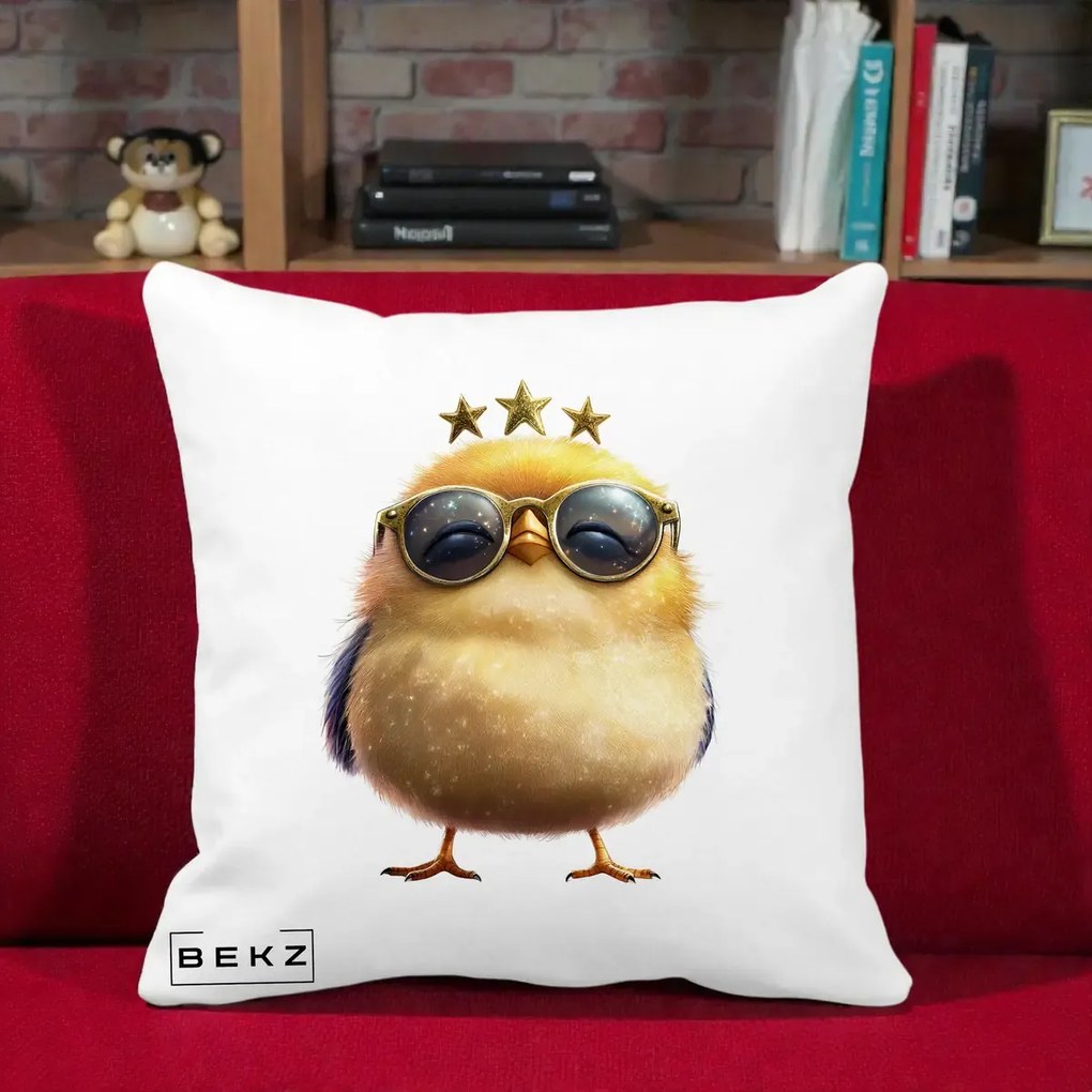 Perna Decorativa Pui Gold Star cu Ochelari Aurii, 40x40 cm, Alba Mata, Husa Detasabila, Perna Inclusa, BEKZ®